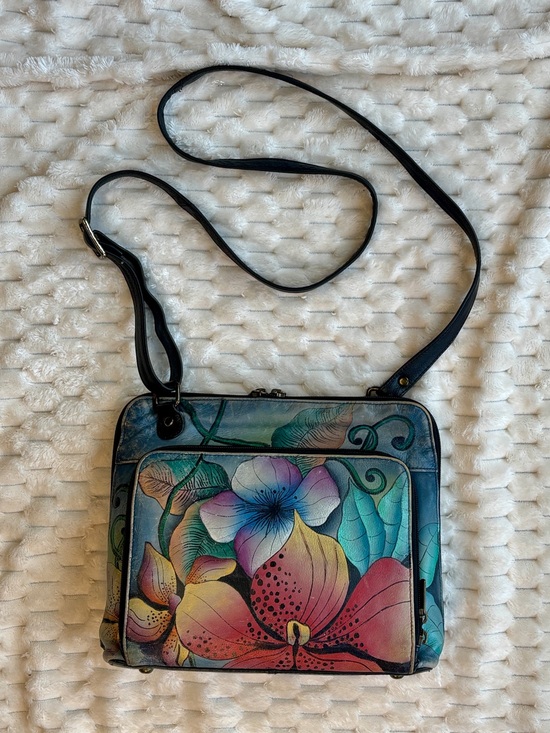 Anuschka Handbags - Anuschka Hand Painted Leather Floral Crossbody Organizer Antique Brass Hardware